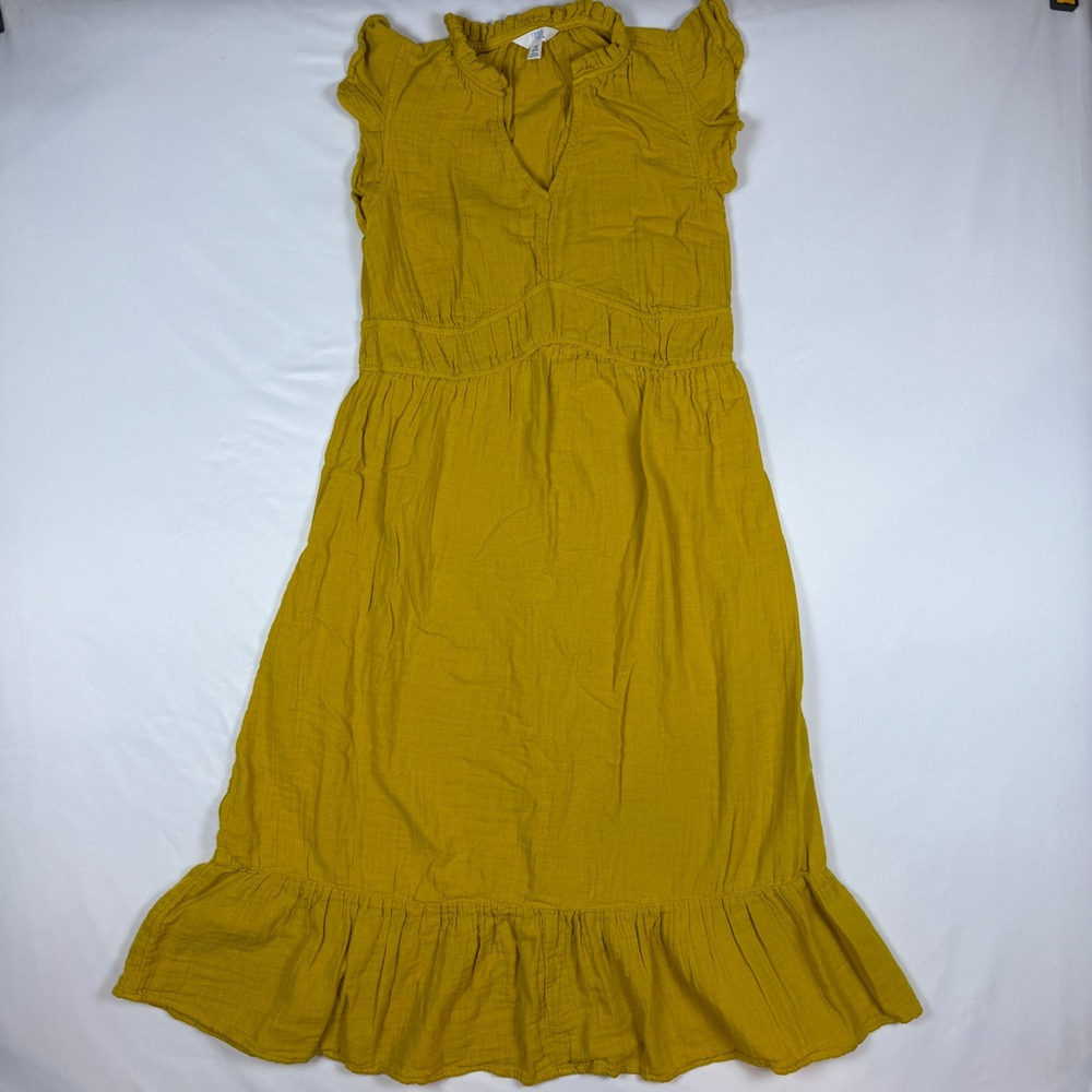Time and Tru Midi Dress Womens XS Mustard Yellow Gauze Ruffle Cotton Smocked